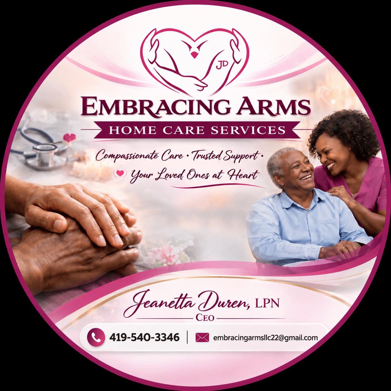 Embracing Arms circular branded graphic with the tagline Compassionate Care, Trusted Support, Your Loved Ones at Heart