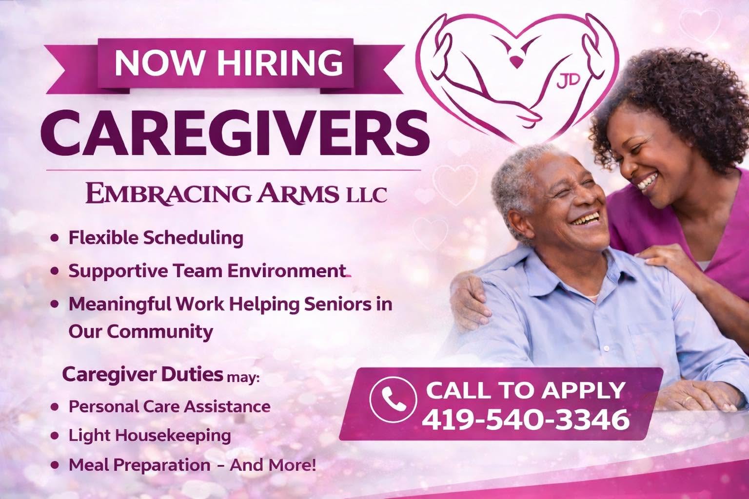 Embracing Arms caregiver hiring graphic showing a caregiver embracing a smiling older man, with flexible scheduling and supportive team highlights