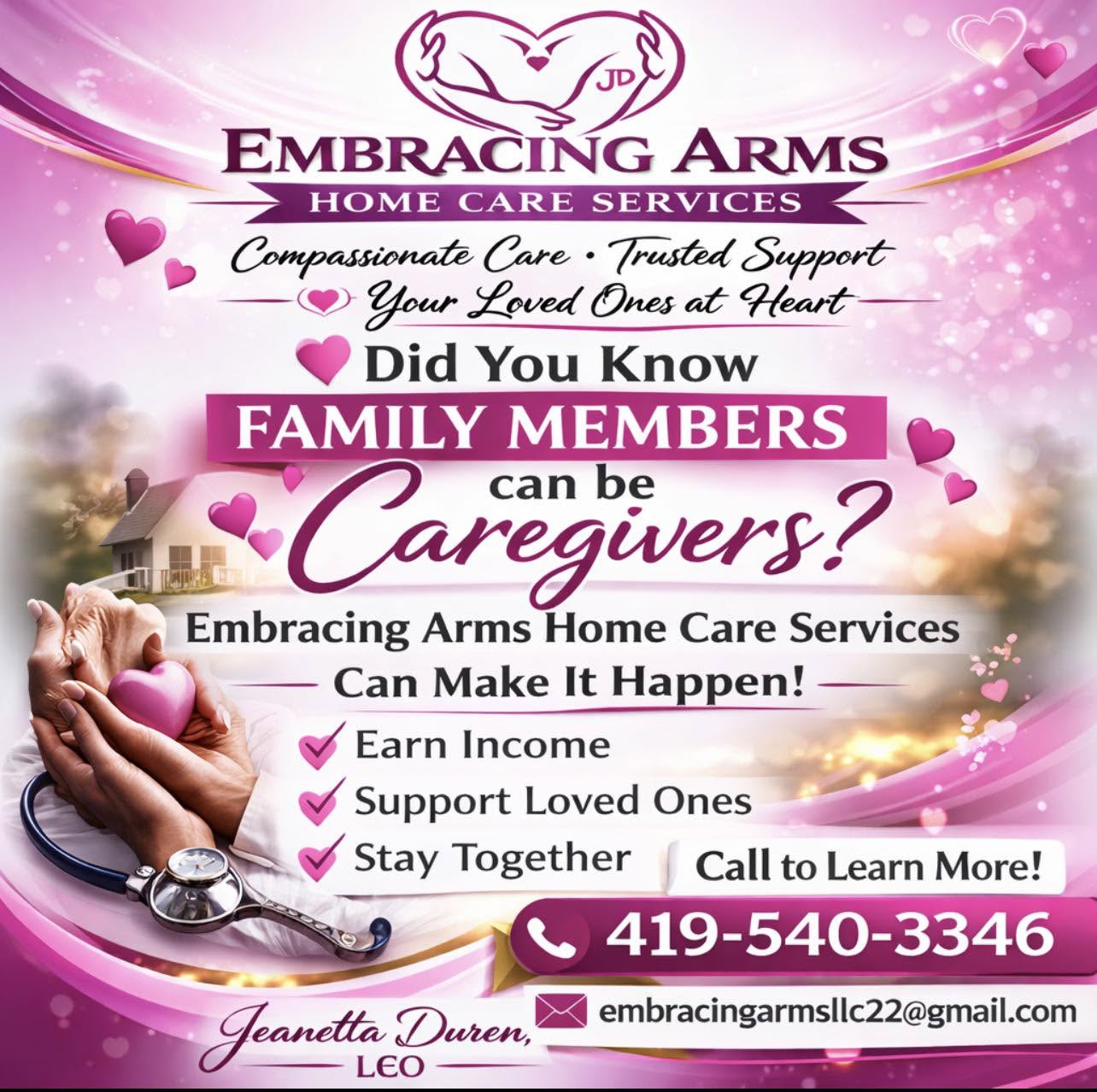 Embracing Arms promotional graphic asking whether family members can be caregivers, listing earn income, support loved ones, and stay together