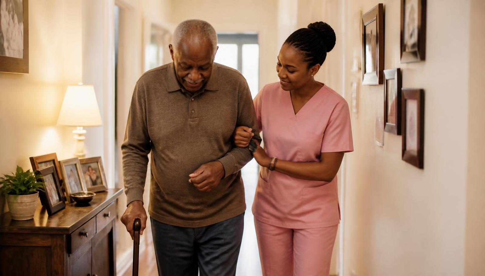 A caregiver in pink scrubs steadying an older man with a cane as he walks down a bright home hallway