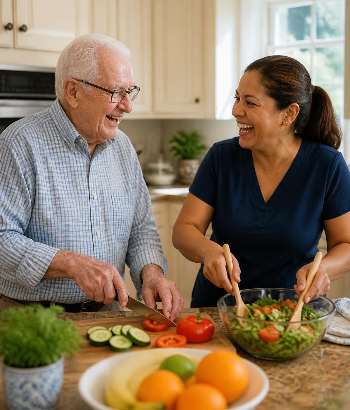 An older man laughing with a caregiver while they prepare a fresh meal together in a bright home kitchen